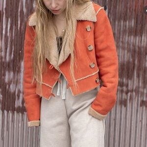 Etcetera Women's 2 Burnt Orange Tan Jacket Faux Suede Fur Lined Cropped
